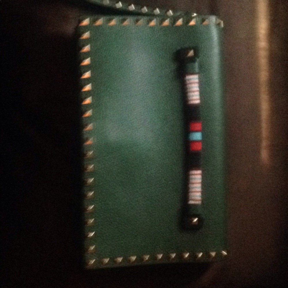 Valentino green leather clutch w rock studded